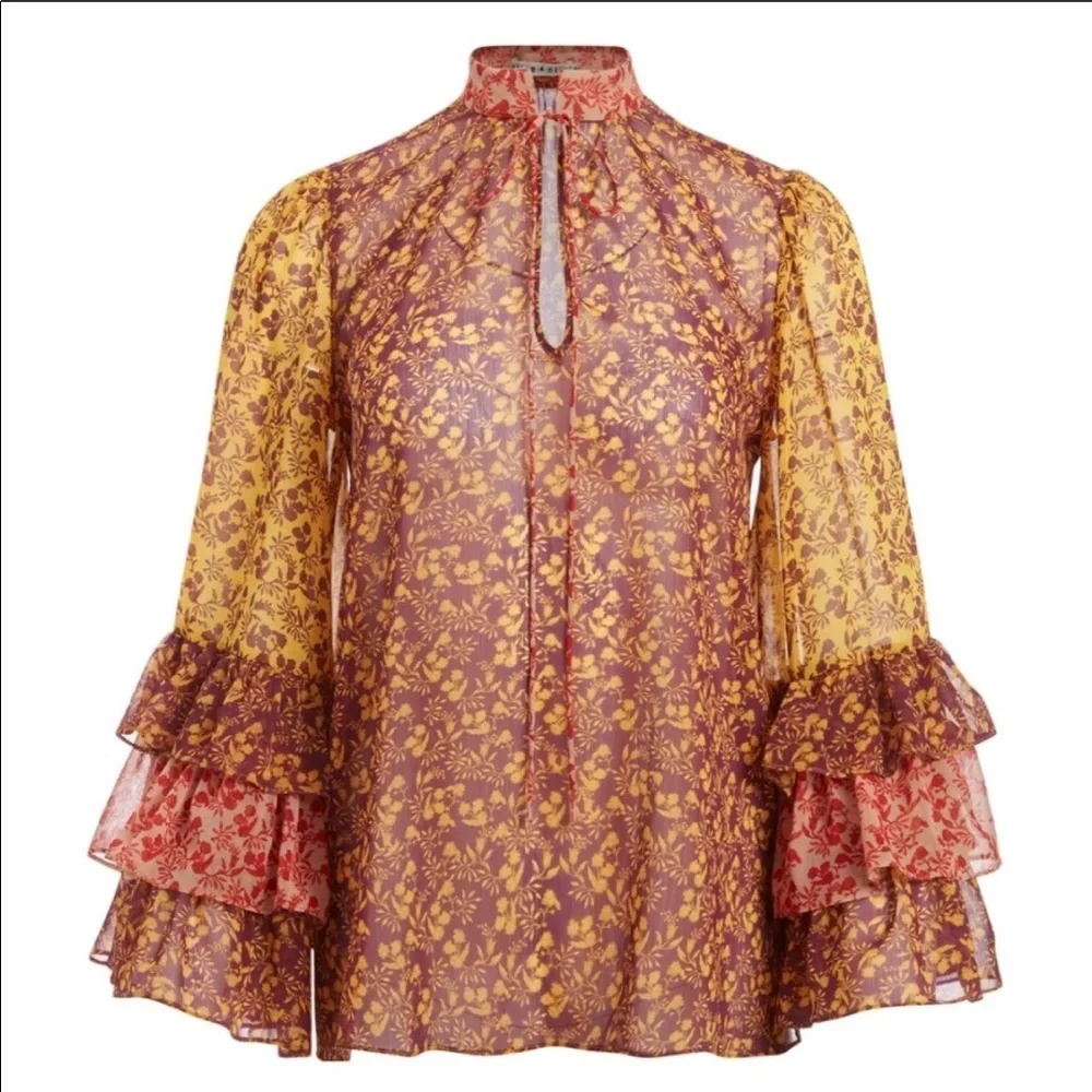 Alice + Olivia Floral Sheer Blouse - Yellow and Red - Picture 8 of 12